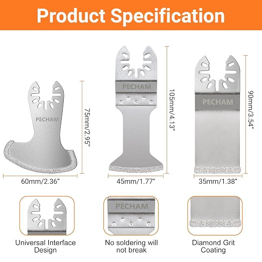 PECHAM 9PCS Diamond Oscillating Tool Blade, Multi Tool Blades Kits for Grout Removal and Soft Tile Cut, Fit Porter Cable Black & Decker Rockwell Ridgid Ryobi Milwaukee Chicago Craftsman