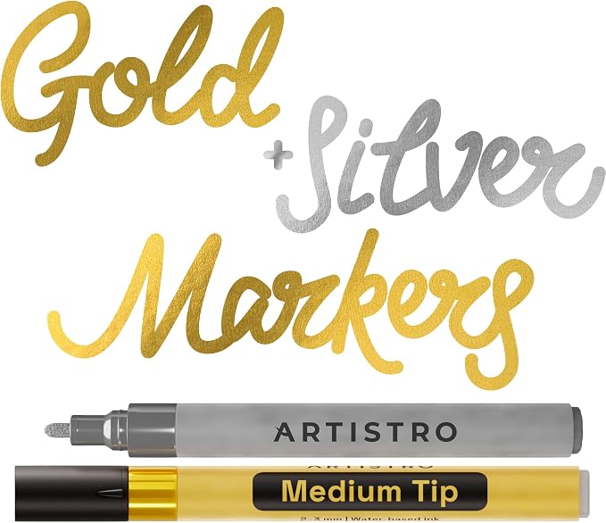 ARTISTRO Gold & Silver Acrylic Paint Markers - 3mm Medium-Tip - Set of 2
