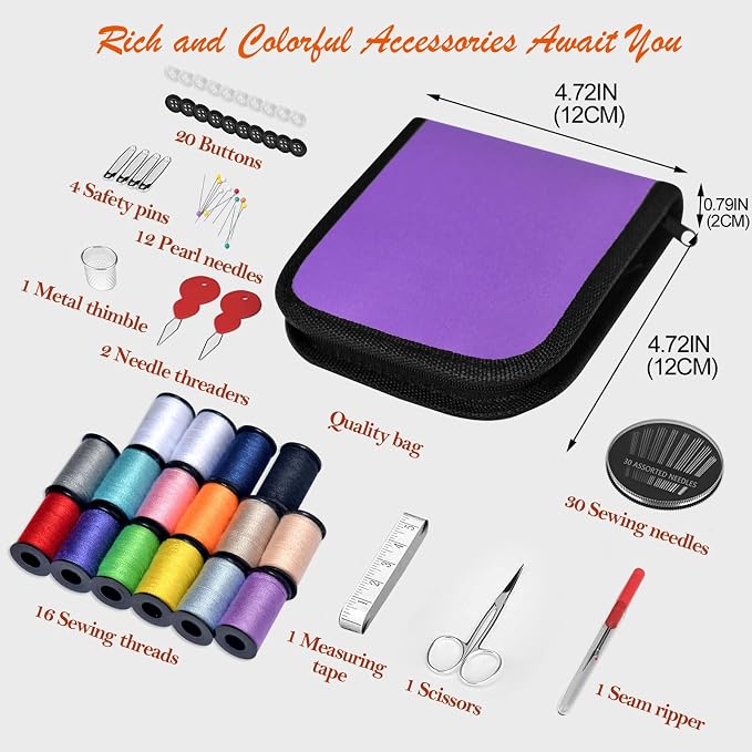 Sewing Kit Gifts for Grandma, Mom, Friend, Traveler, Adults, Beginner, Emergency,Sewing Supplies Accessories with Scissors,Sewing Needles Thimble, Thread,Tape Measure etc (Dark Purple, S)