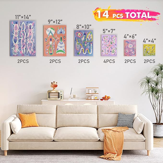 Gotideal Canvas for Painting, 14 Pcs Muti Pack Stretched Painting Canvas, Blank Paint Canvases for Acrylic, Oil, Art Supplies for Artists, Adults 4x4,4x6, 5x7, 8x10,9x12, 11x14 Set of 14 (Pack of 2)