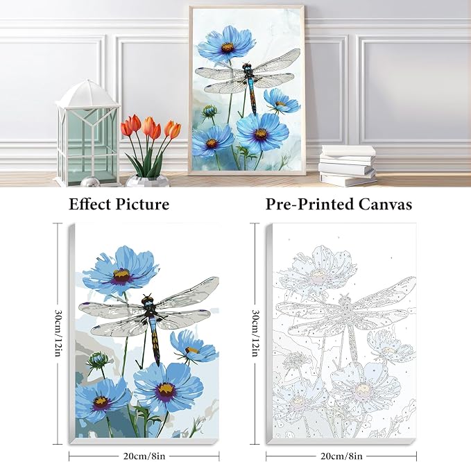 Fountor Framed Paint by Numbers Kit for Adults Beginner & Kids Ages 8-12, Dragonfly Paint by Number with Frame, Easy Acrylic Flowers Painting by Numbers Kit on Canvas 8x12 inch