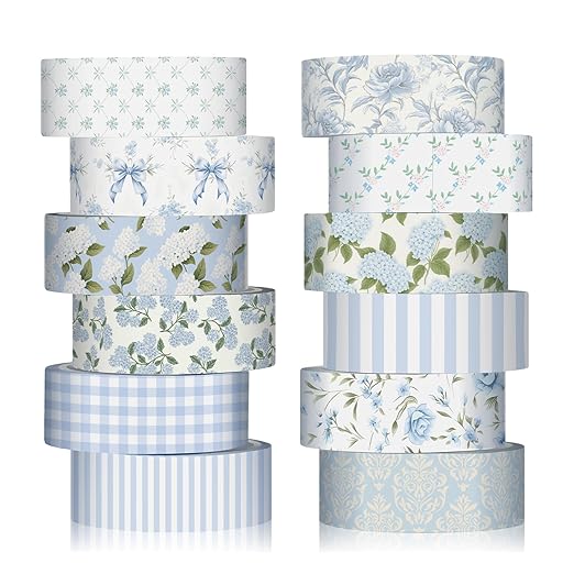 12 Rolls Floral Washi Tape Set,Dusty Blue,Rose and Hydrangea | Watercolor Flowers Design for Scrapbook Journal DIY Craft School Supplies, 15 mm Vintage Decorative Masking Washi Tapes