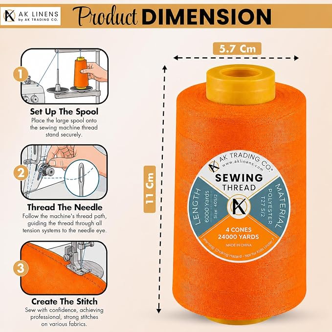AK TRADING CO. 4-Pack Orange All Purpose Sewing Thread Cones (6000 Yards Each) of High Tensile Polyester Thread Spools for Sewing, Quilting, Serger Machines, Overlock, Merrow & Hand Embroidery