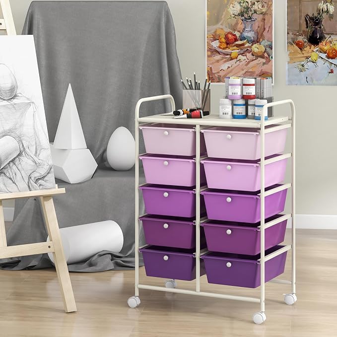 Giantex 10 Drawers Rolling Cart, Classroom Organizers, Storage Cart with Wheels, for Teacher Office Home School Supplies Tool Craft Art Paper, Purple Gradient