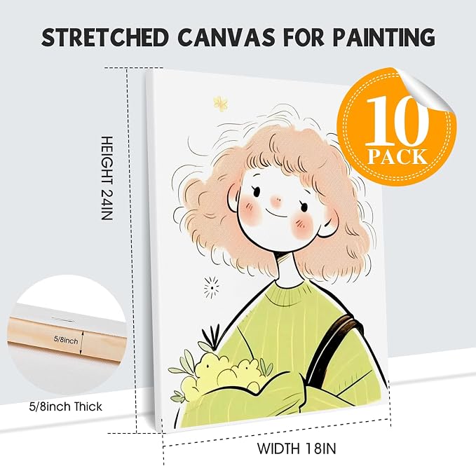 ESRICH 18x24 Inch Stretched Canvas for Painting, 10Pack Large Canvas for Painting, Primed Acid-Free Cotton Blank Canvases, Art Paint Canvases for Oil, Watercolor, Acrylic Paint, Gouache.
