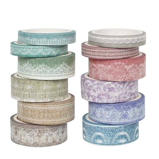 Lace Patterns Washi Tape Set 12 Rolls Decorative Paper Sticker | for Planner Scrapbook Journal DIY Arts Craft