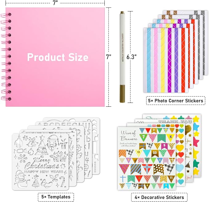 GOTIDEAL 7 x 7 Inch Scrapbook Album with Metallic Markers, Pink, 40 Pages | Kraft Paper Photo Albums for Wedding & Anniversary, Family DIY Scrap Books with Scrapbooking Stickers Corners