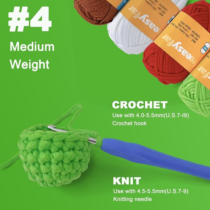4x50g Beginner Easy Yarn for Crocheting and Knitting; Worsted-Weight Medium #4;Crocheting and Knitting kit with Tool Set (Red+Green+Latte+White, 4 Skein)