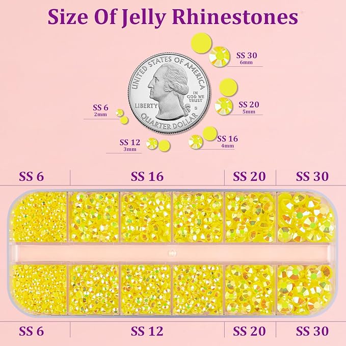 Resin Jelly Rhinestones for Crafting with B7000 Jewelry Glue, 1 Box Lemon Yellow AB Flatback Crystal with 3Pcs 10ml Glue, Bedazzling Non Hotfix Gems for DIY Tumblers Clothing Shoes Manicure