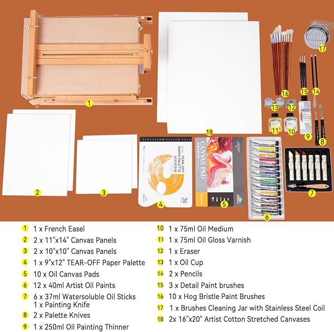 PHOENIX Complete Artist Oil Painting Set with Beechwood Foldable French Box Easel