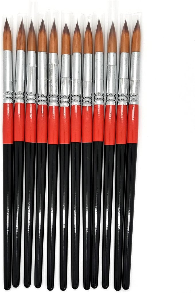 Size #10 Pointed Round Paint Brush Set of 12, Premium Taklon Synthetic Hair | No Shedding Bristles for Acrylic Watercolor Oil Gouache Tempera Enamel Ink Painting for Students, Professionals & Artists