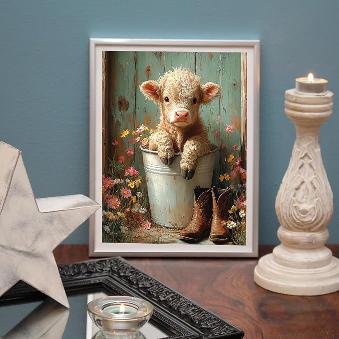 MBNTJHT DIY Cute Cow Paint by Numbers Kit for Adults Beginners,Simple Highland Cow Paint by Number Kits on Canvas,Flowers Digital Oil Painting Kits for Home Wall Decor 16X20 Inch.
