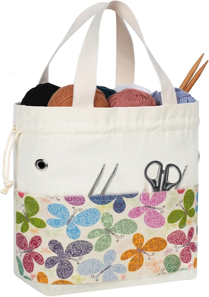 TOGETRUE Yarn Bag, Knitting Crochet Tote Bag, Yarn Storage Bags Organizer, Crochet bags for Crocheting Project, Store Skein Ball, Short Knitting Needle (Large, Butterfly)
