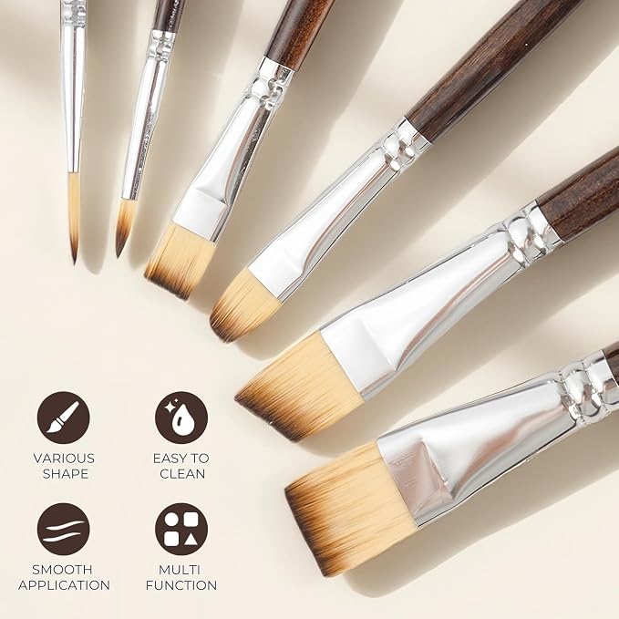 Nicpro 12PCS Artist Paint Brush Set, Paint Brushes for Acrylic Painting | Craft Paintbrushes for Oil Watercolor Gouache, Tempera, Face Body, Fabric, Model, Art Supplies for Artists Beginners (Wood)