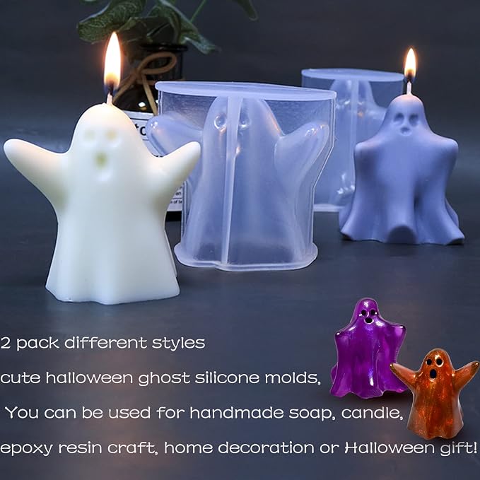 Ghost Candle Mold, Set of 2 Halloween Little Ghost Casting Mold | 3D Ghost Silicone Molds for DIY Epoxy Resin Casting, Handmade Aromatherapy Candle, Wax, Soap, Art Crafting Home Decor