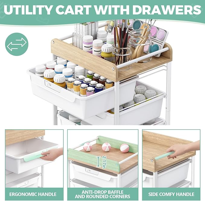 SYKIARIOL 6 Drawer Rolling Cart for Craft Storage,Utility Drawer Cart,White | Organizer with Handle and Wooden Top,Storage on wheels for Office,Classroom,Laundry,Garage,Snack,Art Supply