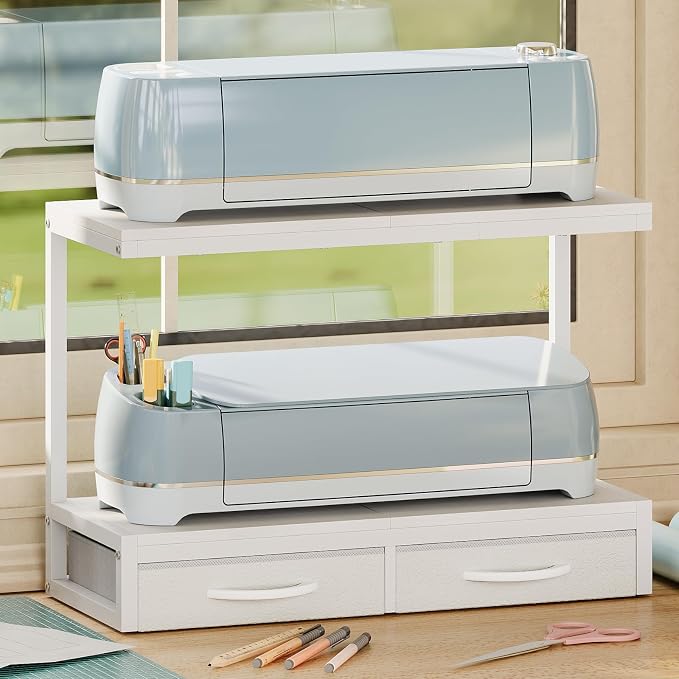 VENNQD Stand Compatible with Cricut Maker and Cricut Explore Air Series Stand Legs for 2 Cricut Machines Fully Open 2 Tier Desktop Craft Accessories Storage Organizer (White)
