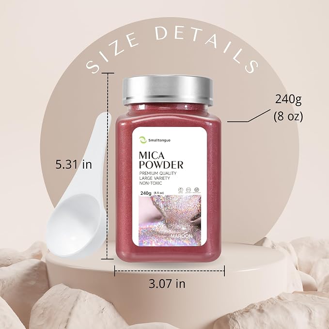 Mica Powder, Maroon, 240g with Scoop, Complies with ASTM D-4236 | For Epoxy Resin, Soap, Bath Bomb, Candle| Safety Material| Odorless| Brilliant Colors