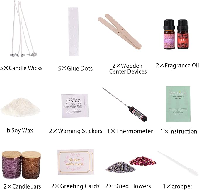 DARJEN Candle Making Kit for Beginners, 2 Jars Soy Wax Scented DIY Set | 100% Soy Wax, 10oz Glass Jars, Natural Cotton Wicks, Pleasant Scents, Instruction& More- Perfect as Home Decorations