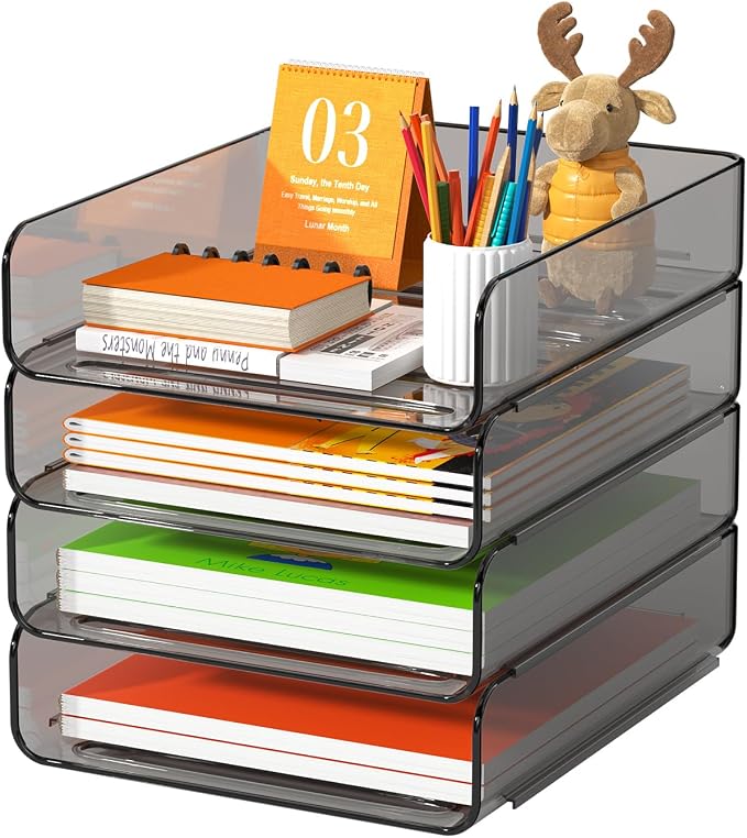 FANXIYQ 4-Tier Acrylic Paper Tray Organizer, Brown Office Paper Organizer