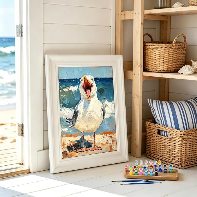 BYGFHLYW Funny Seagull Beach Ocean Paint by Numbers Kit for Adults Canvas | Coastal Seaside Easy Adult Paint by Number Kits On Canvas, DIY Acrylic Oil Painting Kits for Animal Home Wall Decor 12x16Inch