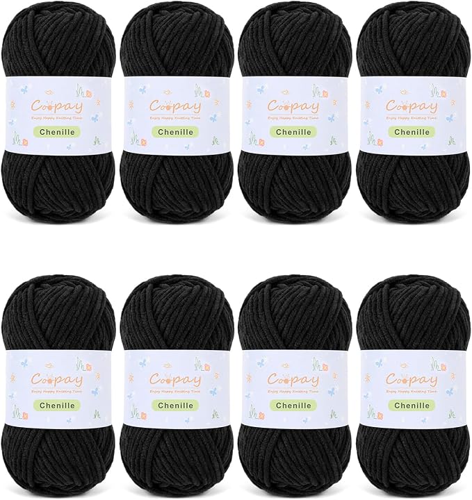 Coopay Chenille Yarn for Crochet, Medium Weight Yarn CYC #4, Black | Crochet Yarn Set - 400g Total, Soft Velvet Yarn for Colorful Crafts, Blankets, Plush Dolls, Decorative Handmade Works
