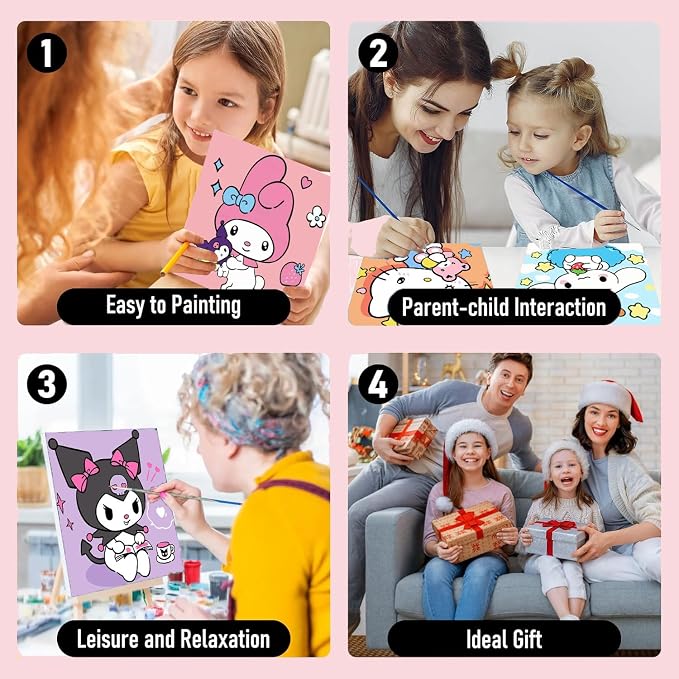 4 Pcs Cartoon Paint by Numbers Kit for Kids Ages 8-12 with Frame and Easel | Cute Kids Paint by Numbers Ages 4 8 12 for Girls Boys Gifts, Easy DIY Acrylic Oil Painting for Home Wall Decor (8x8 inch)