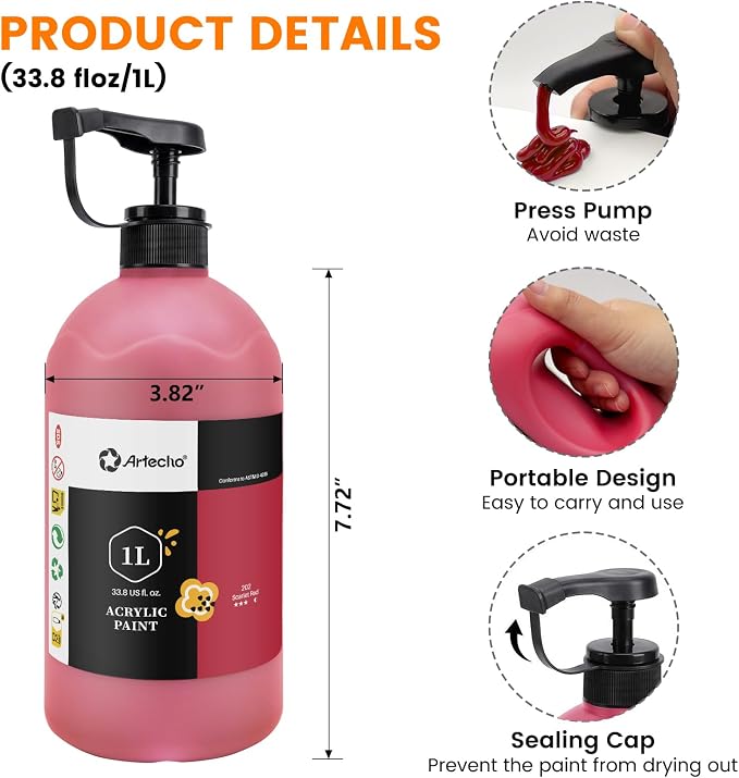 Artecho Scarlet Red Acrylic Paint 1000ml / 33.8 fl oz Pump Dispenser