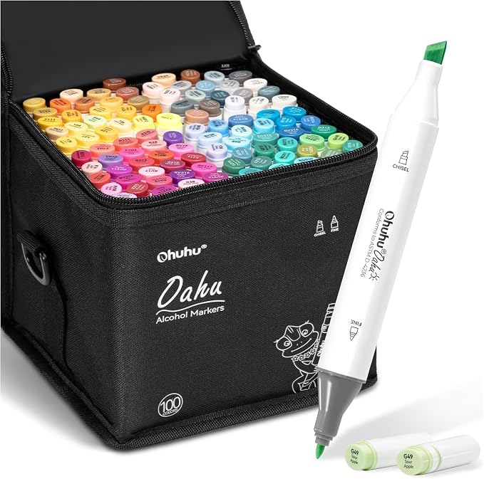 Ohuhu Alcohol Markers Double Tipped Art Marker Set for Artists Adults Coloring Sketch Illustration - Chisel & Fine - 100 Colors - Oahu of Ohuhu Markers - Refillable - AP Certificated | AP Certified Art Marker, Dual Tips Alcohol-based for Artists Beginn...