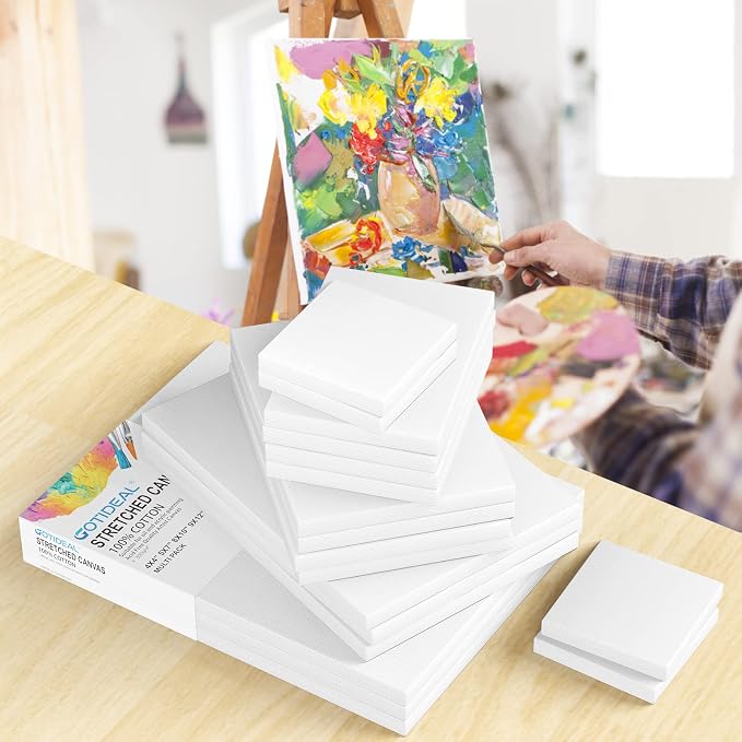 GOTIDEAL 18Pcs Stretched Canvases, Multi Pack 4x4, 5x7, 8x10, 9x12, 11x14 | Primed White Set, 100% Cotton Artist Blank Canvas Boards for Painting, Acrylic Pouring, Oil Paint