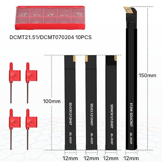 Indexable Lathe Turning Tool 1/2" 12mm Shank 14PCS Kit-4PCS Metal Lathe Tools Holder 10PCS DCMT21.51 Carbide Insert for Grooving Turning Boring SDNCN12120H07/SDJCR1212H07/S12M-SDUCR07/SDJCL1212H07