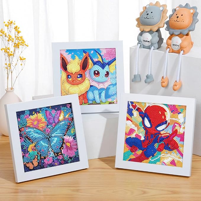 Fuinkqe Diamond Art Kits for Kids,Cartoon Diamond Painting Kits for Kids with Wooden Fram,Diamond Art for Kids Ages 6-8-10-12 for Gifts and Home Wall Decor 7X7 Inch