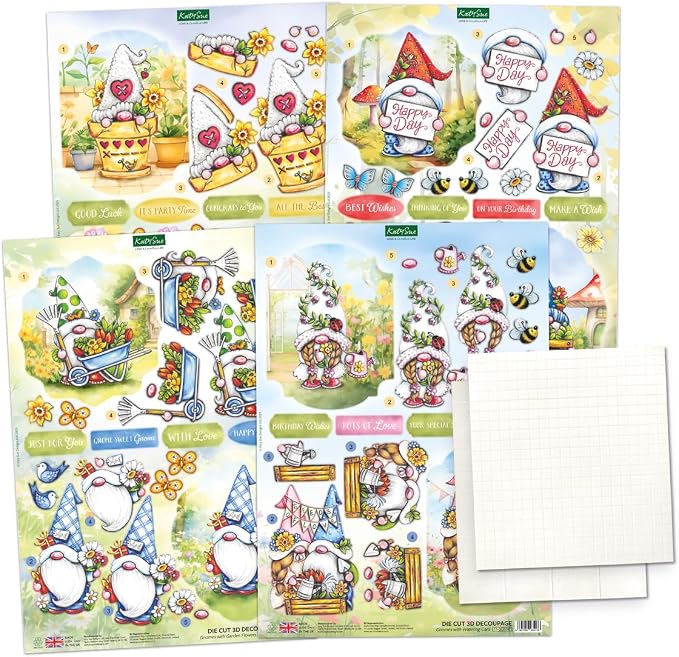 Katy Sue The Garden Gnomes Card Making Kit. Makes 8 Cards at 5 x 7 Inches. Contains Gnome Die-Cut Decoupage, Background Scenes, Cards, Envelopes & Foam Pads for Card Making Supplies. UK-Made.