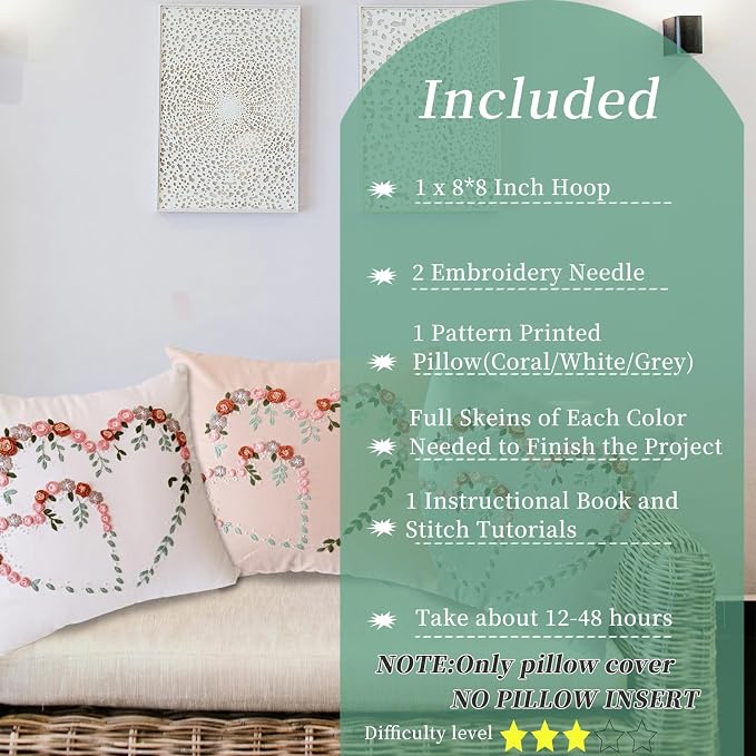 FONNUY Crewel Pillow Case Embroidery Kit, Heart Shaped Loving You Floral Stamped Pattern Kits for Audlt Beginners, Works Crafts Throw Pillow Cover Great Gift for Loved Ones, 18 x 18'' (Beige)