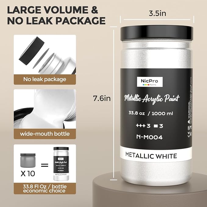 Nicpro Metallic Pearl White Acrylic Paint, 33.8oz/1000m Large Craft Paint | Non Toxic Non Fading Pearlescent White Paint for Metal Wood Clay Fabric Canvas Ceramic Furniture Handcraft Art Supplies