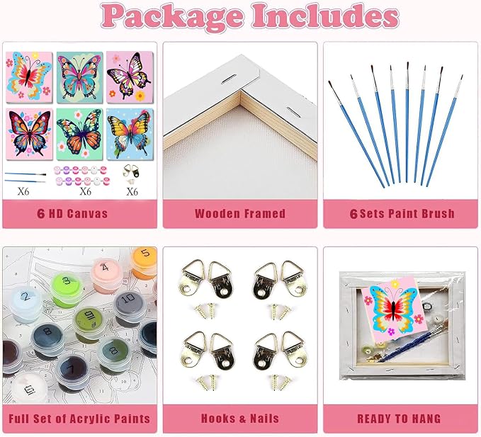 MXCFZX 6 Pack Butterfly Paint by Number for Kids with Wooden Frame,Easy Paint by Numbers for Kids Ages 4-8-12 Children DIY Acrylic Oil Painting by Number Kits for Home Wall Decor 8x8 Inch