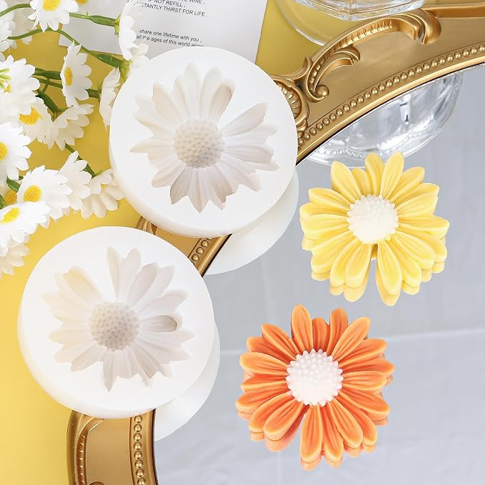 2 PCS Daisy Flower Silicone Molds, Chrysanthemum Resin Candle Molds, 3D Flower Fondant Mold for DIY Cake Chocolate Soap Wax Clay Craft Decoration (Daisy)