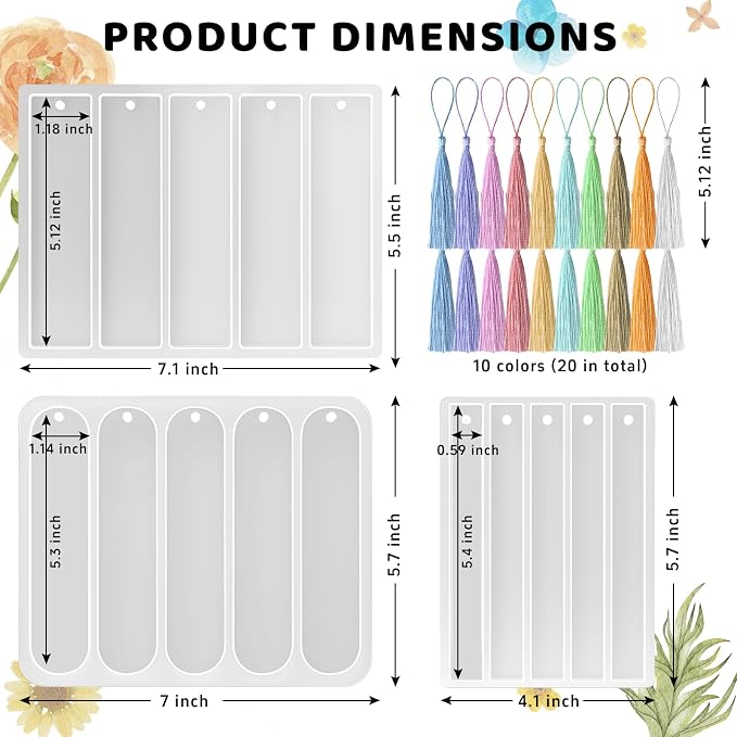 Bookmarks Silicone Mold for DIY Epoxy Resin Casting Crafts Making Supplies | Set of 3 Small Medium Rectangle Bookmark Resin Mold Kit with 20 Pcs Tassels