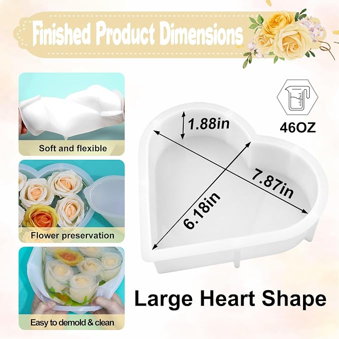 YOILES Resin Molds Silicone,Epoxy Resin Molds,Silicone Mold for Crafts | Casting Craft Mold for Flower Preservation Bookends DIY Art (Heart)