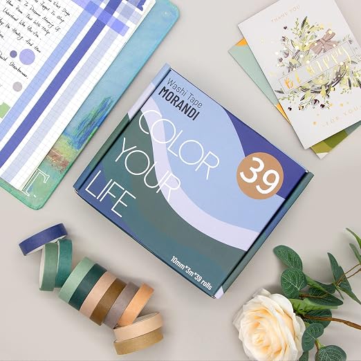 MOOKER 39 Rolls Washi Tape Set - Morandi Colored Masking Tape, Thin Vintage Tape for Journaling, Scrapbooking Supplies, Crafts Aesthetic, Gift (Nature Color 10mm)