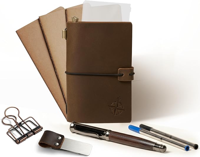 WANDERINGS Pocket Size Travelers Notebook Bundle – 4" x 5.1" (10 x 13cm) – Genuine Leather Journal with Pen Holder, Pen, 2 Ink Refills, PVC Folder & Binder Clip