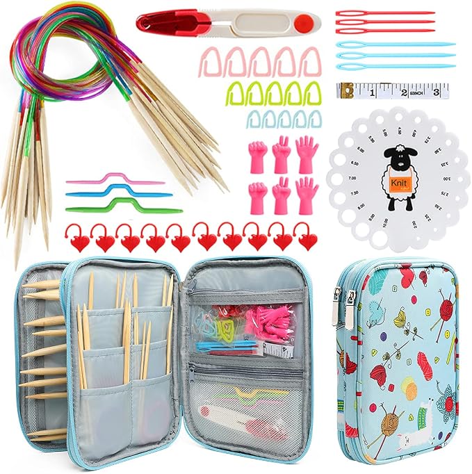 Lightweight Circular Knitting Needles Set, 31'' Bamboo Storage Organizer for Beginners, Round Knitting Needles with Sewing Tools Full DIY Craft Kits