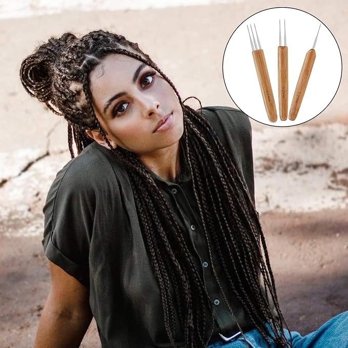 AUGSUN Dreadlock Crochet Hook Tool 0.5mm Hair Crochet Needle for Locs | 3 Dreadlocks Needle, 2 Locking Tool, Bamboo and Stainless Steel, Hair Braid Craft DIY, Dreadlock Locs Weaving Hair Extension