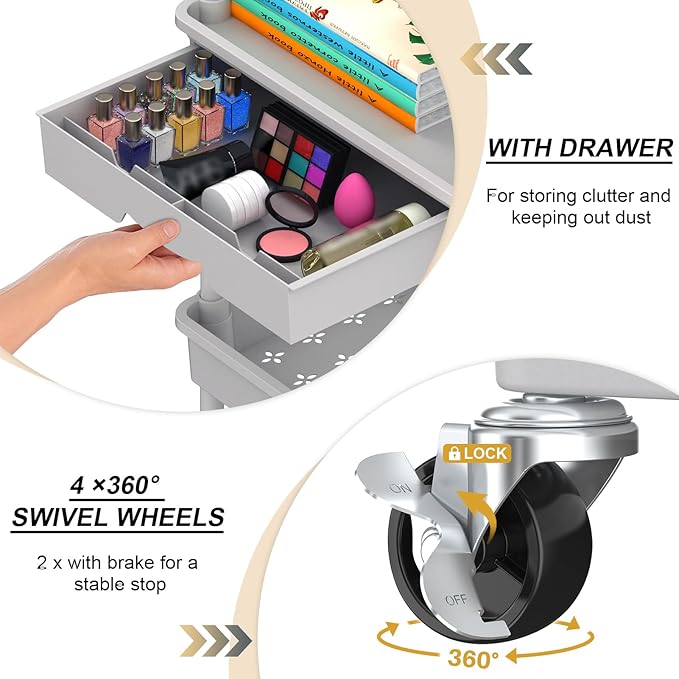 Goovilla 3 Tier Rolling Utility Cart Organizer with Removable Drawer, Grey | Stable and Sturdy Rolling Storage Carts with 2 Lockable Wheels for Bathroom, Kitchen, Snack, Craft, Makeup, Baby Essentials