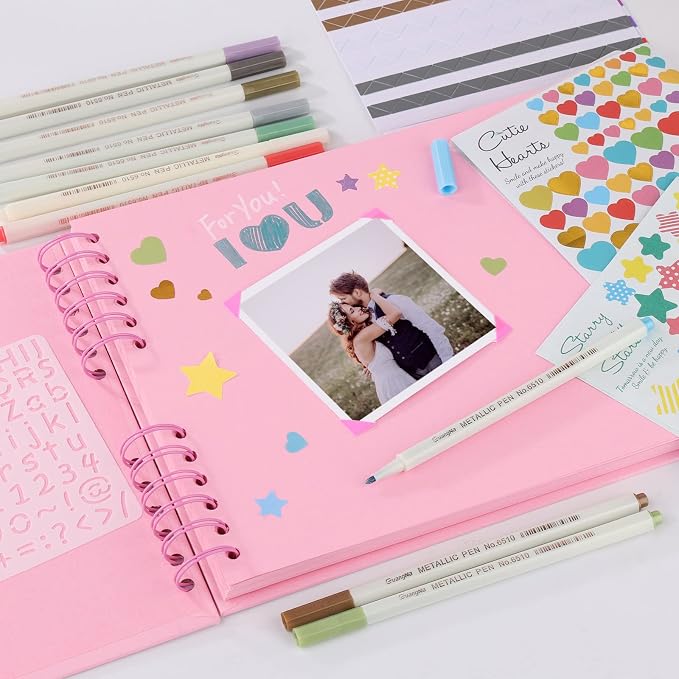 Gotideal 80 Pages Scrapbook Album with 10 Metallic Markers, Pink | Craft Paper Photo Album for Wedding and Anniversary, Family DIY Scrapbook Accessories with Scrapbooking Stickers Corners
