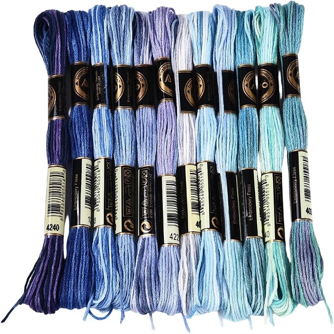 12 Skeins 105 Yards Blue Embroidery Thread Variegated Cross Stitch Floss Bulk 6 Ply Polyester Yarn Colorful Friendship Bracelet String for Sewing Making Needlecraft Knitting Stitching DIY