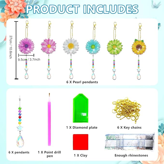 6 Pcs Daisy Diamonds Painting Wind Chimes Suncatcher Double Sided Flower Rhinestone Painting Wind Chime 5D DIY Crystal Diamond Painting Kits Paint by Number Hanging Ornaments Mom Gifts