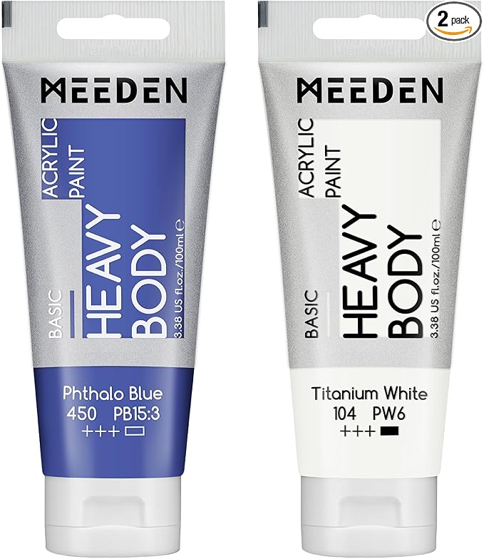 MEEDEN Acrylic Paint Phthalo Blue: 100ml/3.38oz x 2 with Titanium White | Heavy Body Artist Acrylic Paint Set for Canvas, Wood & Craft, Non-toxic Creamy Art Paint with Titanium White for Mixing