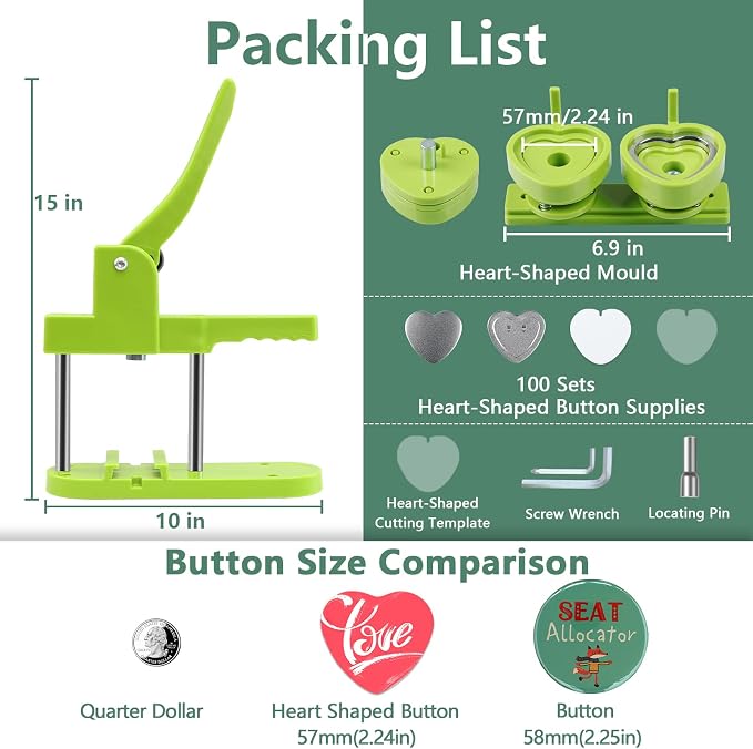 Happizza Heart-Shaped Button Maker Machine, Detachable Heart DIY Pin Button Maker Press Machine Kit, Badge Button Press Machine Pin Maker Machine with Free 100pcs Button Parts
