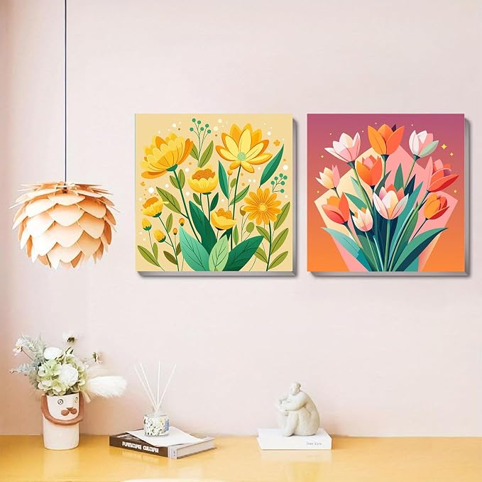 Sretoul 4 Pack Paint by Numbers Kit for Adults Framed Easel Flowers 8x8 in
